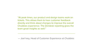 — Joel Ivey, Head of Customer Experience at Chubbies
“At peak times, our product and design teams work on
tickets. This allows them to hear customer feedback
directly and think about changes to improve the overall
Chubbies experience. The Zendesk reporting gives the
team great insights as well.”
 