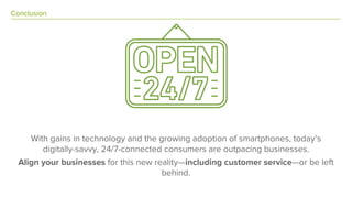 Conclusion
With gains in technology and the growing adoption of smartphones, today’s
digitally-savvy, 24/7-connected consumers are outpacing businesses.
Align your businesses for this new reality—including customer service—or be left
behind.
 