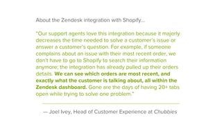 About the Zendesk integration with Shopify...
“Our support agents love this integration because it majorly
decreases the time needed to solve a customer’s issue or
answer a customer’s question. For example, if someone
complains about an issue with their most recent order, we
don’t have to go to Shopify to search their information
anymore; the integration has already pulled up their orders
details. We can see which orders are most recent, and
exactly what the customer is talking about, all within the
Zendesk dashboard. Gone are the days of having 20+ tabs
open while trying to solve one problem.”
— Joel Ivey, Head of Customer Experience at Chubbies
 