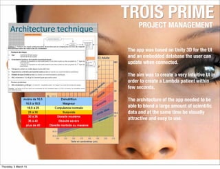TROIS PRIME
PROJECT MANAGEMENT
The app was based on Unity 3D for the UI
and an embedded database the user can
update when connected.
The aim was to create a very intuitive UI in
order to create a Lambda patient within
few seconds.
The architecture of the app needed to be
able to blend a large amount of scientiﬁc
data and at the same time be visually
attractive and easy to use.
Thursday, 5 March 15
 