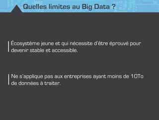 Quelles limites au Big Data ?
Écosystème jeune et qui nécessite d’être éprouvé pour
devenir stable et accessible.
Ne s’applique pas aux entreprises ayant moins de 10To
de données à traiter.
 