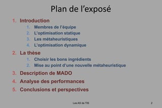 Plan de l’exposéIntroductionMembres de l’équipeL’optimisation statiqueLes métaheuristiquesL’optimisation dynamiqueLa thèseChoisir les bons ingrédientsMise au point d’une nouvelle métaheuristiqueDescription de MADOAnalyse des performancesConclusions et perspectivesLes AS de TIS2