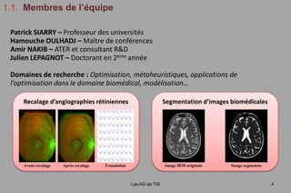 1.1.  Membres de l’équipeLes AS de TIS4Patrick SIARRY – Professeur des universitésHamouche OULHADJ – Maître de conférencesAmir NAKIB – ATER et consultant R&DJulien LEPAGNOT – Doctorant en 2ème annéeDomaines de recherche : Optimisation, métaheuristiques, applications de l’optimisation dans le domaine biomédical, modélisation…Recalage d’angiographies rétiniennesSegmentation d’images biomédicalesAvant recalageAprès recalageTranslationImage IRM originaleImage segmentée