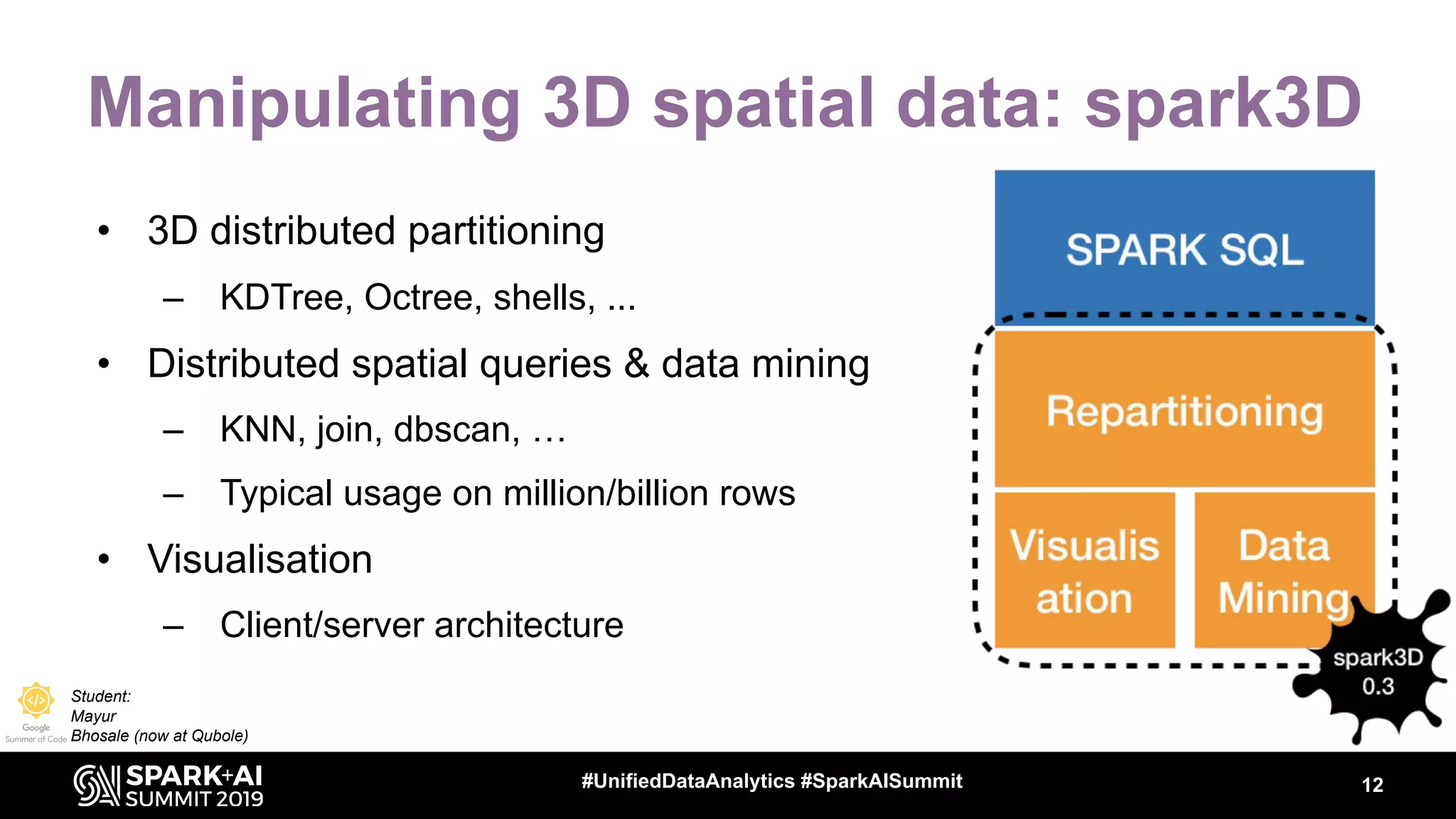 Manipulating 3D spatial data: spark3D
• 3D distributed partitioning
– KDTree, Octree, shells, ...
• Distributed spatial queries & data mining
– KNN, join, dbscan, …
– Typical usage on million/billion rows
• Visualisation
– Client/server architecture
12
Student:
Mayur
Bhosale (now at Qubole)
#UnifiedDataAnalytics #SparkAISummit
 