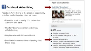 Facebook Advertising
Facebook Advertising is the greatest opportunity
in online marketing right now, bar none.
• Potential profit is easily 2-3x better than
AdWords and SEM.
• Use for ―Like‖ acquisition and direct,
offsite linking.
• Display Ads AND Promoted Posts
• Promote valuable content and really earn
those likes.
 