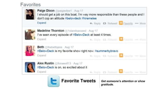 Favorite Tweets Get someone’s attention or show
gratitude.
 
