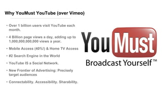 • Over 1 billion users visit YouTube each
month.
• 4 Billion page views a day, adding up to
1,000,000,000,000 views a year.
• Mobile Access (40%!) & Home TV Access
• #2 Search Engine in the World
• YouTube IS a Social Network.
• New Frontier of Advertising: Precisely
target audiences
• Connectability. Accessibility. Sharability.
Why YouMust YouTube (over Vimeo)
 