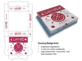 Branding Design Brief:
• Emphasize	
  Ingredients
• 1	
  color	
  (on	
  white	
  cardboard)
• Logo	
  should	
  feels	
  “masculine”	
  and	
  
from	
  Brooklyn	
  NYC.	
  
 