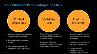 11 © 2017 Citrix
Analítica
Inteligente
Visibilidad
360
Control
Simplificado
• Definimos políticas centralizadas
con aplicación distribuida
• Minimizamos los puntos de
ataque
• Fácil administración TI, en
compliance con la regulación
• Proporcionamos una vista
unificada del flujo de eventos
y transacciones
• Brindamos visibilidad
completa a través de las apps
SaaS, hybrid y multi-cloud
• Detectamos y detenemos
comportamiento malicioso
de usuarios
• Funcionamos con politicas
y acciones contextuales.
• Compartimos la
inteligencia de las
amenazas entre servicios
Los 3 PRINCIPIOS del enfoque de Citrix
 