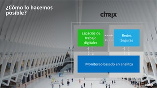 ¿Cómo lo hacemos
posible?
Espacios de
trabajo
digitales
Redes
Seguras
Monitoreo basado en analítca
 
