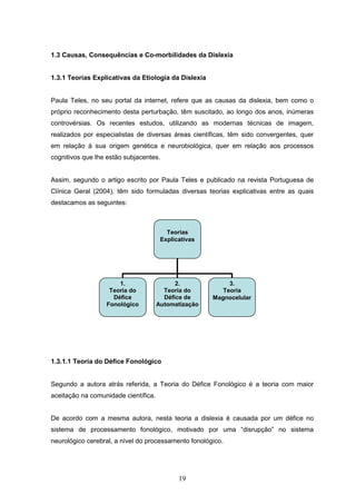 19
Teorias
Explicativas
1.
Teoria do
Défice
Fonológico
2.
Teoria do
Défice de
Automatização
3.
Teoria
Magnocelular
1.3 Causas, Consequências e Co-morbilidades da Dislexia
1.3.1 Teorias Explicativas da Etiologia da Dislexia
Paula Teles, no seu portal da internet, refere que as causas da dislexia, bem como o
próprio reconhecimento desta perturbação, têm suscitado, ao longo dos anos, inúmeras
controvérsias. Os recentes estudos, utilizando as modernas técnicas de imagem,
realizados por especialistas de diversas áreas científicas, têm sido convergentes, quer
em relação à sua origem genética e neurobiológica, quer em relação aos processos
cognitivos que lhe estão subjacentes.
Assim, segundo o artigo escrito por Paula Teles e publicado na revista Portuguesa de
Clínica Geral (2004), têm sido formuladas diversas teorias explicativas entre as quais
destacamos as seguintes:
1.3.1.1 Teoria do Défice Fonológico
Segundo a autora atrás referida, a Teoria do Défice Fonológico é a teoria com maior
aceitação na comunidade científica.
De acordo com a mesma autora, nesta teoria a dislexia é causada por um défice no
sistema de processamento fonológico, motivado por uma “disrupção” no sistema
neurológico cerebral, a nível do processamento fonológico.
 