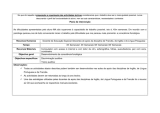 No que diz respeito à preparação e organização das actividades lectivas consideramos que o trabalho deve ser o mais ajustado possível, nunca
descurando o perfil de funcionalidade do aluno, nem as suas características, necessidades e contextos.
Plano de intervenção
As dificuldades apresentadas pelo aluno MA são superiores à capacidade de trabalho possível, isto é, 45m semanais. Em reunião com a
psicóloga pareceu-nos de todo conveniente iniciar o trabalho pela dificuldade que nos pareceu mais premente: a consciência fonológica.
Recursos Humanos Docente de Educação Especial /Docentes de apoio da disciplina de Francês, de Inglês e de Língua Potuguesa
Tempo 45’ Semanais+ 45’ Semanais+45’ Semanais+45’ Semanais
Recursos Materiais Computador com acesso à internet e com leitor de cd’s, esferográfica, folhas, auscultadores, pen com sons,
cronómetro
Objectivo geral Desenvolvimento da consciência fonológica
Objectivos específicos Discriminação auditiva
Treino auditivo
Observações:
 Todas as actividades abaixo descritas podem também ser desenvolvidas nas aulas de apoio das disciplinas de Inglês, de Língua
Portuguesa e de Francês.
 As actividades devem ser retomadas ao longo do ano lectivo.
 Uma das estratégias utilizadas pelas docentes de apoio das disciplinas de Inglês, de Língua Portuguesa e de Francês foi o recurso
ao CD que acompanha os respectivos manuais escolares.
 