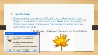 5. Save the Image
• If you are saving the image as a JPG (which you probably would be for
display on a website) you will need to select Export when prompted as JPG
JPG files don't support transparency. The transparent part of the image
will be filled with white.
• Final Image – Background Removed and Smooth Edges
 
