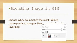 •Blending Image in GIM
Choose white to initialize the mask. White
corresponds to opaque. Now you get this in the
layer box:
 