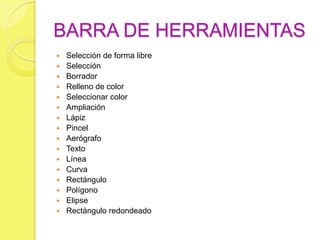 BARRA DE HERRAMIENTAS
   Selección de forma libre
   Selección
   Borrador
   Relleno de color
   Seleccionar color
   Ampliación
   Lápiz
   Pincel
   Aerógrafo
   Texto
   Línea
   Curva
   Rectángulo
   Polígono
   Elipse
   Rectángulo redondeado
 