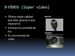 S-Video (Súper video)

 Ofrece mejor calidad      MACHO

  que éste, gracias a que
  separan la
 luminancia cantidad de
  luz                       HEMBRA
 Es una entrada de
  video
 