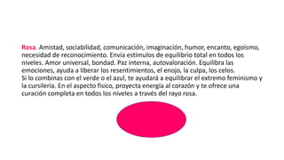 Rosa. Amistad, sociabilidad, comunicación, imaginación, humor, encanto, egoísmo,
necesidad de reconocimiento. Envía estímulos de equilibrio total en todos los
niveles. Amor universal, bondad. Paz interna, autovaloración. Equilibra las
emociones, ayuda a liberar los resentimientos, el enojo, la culpa, los celos.
Si lo combinas con el verde o el azul, te ayudará a equilibrar el extremo feminismo y
la cursilería. En el aspecto físico, proyecta energía al corazón y te ofrece una
curación completa en todos los niveles a través del rayo rosa.
 