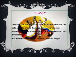 REFLEXION




Tenemos que tomar conciencia de los acontecimientos que
esta pasando y tener disciplina con los logros que se
obtengan así lograremos grandes cambios en nuestro país
llevaremos

Responsabilidad, empeño, para ser Colombia mejor
 