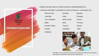 HOMESCHOOLING
PAÍSES EM QUE REGULAMENTARAM O HOMESHOOLING
A educação domiciliar é permitida em mais de 60 países, os principais são:
África do Sul Portugal Equador
Austrália Itália Paraguai
Nova Zelândia Reino Unido França
Japão Suíça Noruega
Estados Unidos Áustria Rússia
Canadá Finlândia Chile
Colômbia
3
fonte:https://www.cenariomt.com.br/cenario-politico/al-mt/projeto-que-regulam
enta-educacao-domiciliar-e-aprovado-em-mato-grosso/
 