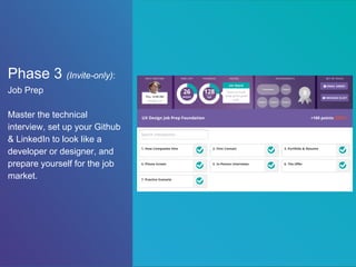 Phase 3 (Invite-only):
Job Prep
Master the technical
interview, set up your Github
& LinkedIn to look like a
developer or designer, and
prepare yourself for the job
market.
 