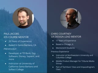 CHRIS COURTNEY
UX DESIGN LEAD MENTOR
● 17 Years of Experience
● Based in Chicago, IL
● Mentored 8 Students
Previous Experience
● Instructor at Northwestern University and
Columbia College
● Mobile Product Manager for Tribune Media
Group
● Part of TechStars’ Class and ImpaceEngine’s
Class
PAUL JACOBS
iOS COURSE MENTOR
● 20 Years of Experience
● Based in Santa Barbara, CA
PREVIOUSLY
● Developer at TD Bank, Day
Software, Disney, Sapient, and
more
● Instructor at University of
California Santa Barbara and
Softect College
 