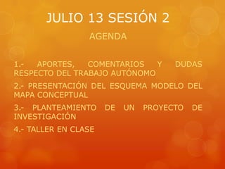 JULIO 13 SESIÓN 2
AGENDA
1.- APORTES, COMENTARIOS Y DUDAS
RESPECTO DEL TRABAJO AUTÓNOMO
2.- PRESENTACIÓN DEL ESQUEMA MODELO DEL
MAPA CONCEPTUAL
3.- PLANTEAMIENTO DE UN PROYECTO DE
INVESTIGACIÓN
4.- TALLER EN CLASE
 