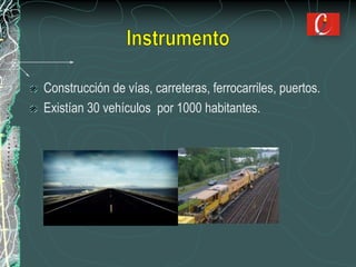 Construcción de vías, carreteras, ferrocarriles, puertos.
Existían 30 vehículos por 1000 habitantes.
 