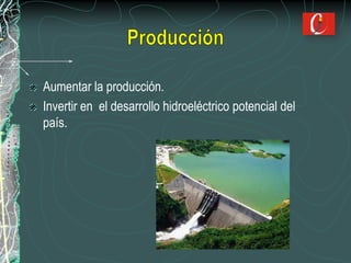 Aumentar la producción.
Invertir en el desarrollo hidroeléctrico potencial del
país.
 