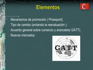 Mecanismos de promoción ( Proexport).
Tipo de cambio (evitando la reevaluación ).
Acuerdo general sobre comercio y aranceles( GATT).
Nuevos mercados.
 