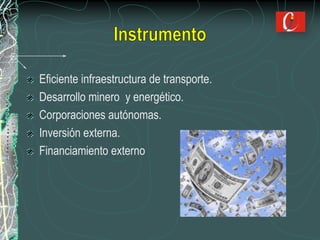 Eficiente infraestructura de transporte.
Desarrollo minero y energético.
Corporaciones autónomas.
Inversión externa.
Financiamiento externo
 