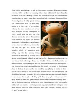 glass, looking with their eyes of gold at whoever came near them. Disconcerted, almost
ashamed, I felt it a lewdness to be peering at these silent and immobile figures heaped at
the bottom of the tank. Mentally I isolated one, situated on the right and somewhat apart
from the others, to study it better. I saw a rosy little body, translucent (I thought of those
Chinese figurines of milky glass), looking
like a small lizard about six inches long,
ending in a fish's tail of extraordinary
delicacy, the most sensitive part of our
body. Along the back ran a transparent fin
which joined with the tail, but what
obsessed me was the feet, of the slenderest
nicety, ending in tiny fingers with minutely
human nails. And then I discovered its eyes,
its face. Inexpressive features, with no other
trait save the eyes, two orifices, like
brooches, wholly of transparent             gold,
lacking    any    life   but    looking,   letting
themselves be penetrated by my look, which
seemed to travel past the golden level and lose itself in a diaphanous interior mystery. A
very slender black halo ringed the eye and etched it onto the pink flesh, onto the rose
stone of the head, vaguely triangular, but with curved and triangular sides which gave it a
total likeness to a statuette corroded by time. The mouth was masked by the triangular
plane of the face, its considerable size would be guessed only in profile; in front a
delicate crevice barely slit the lifeless stone. On both sides of the head where the ears
should have been, there grew three tiny sprigs, red as coral, a vegetal outgrowth, the gills,
I suppose. And they were the only thing quick about it; every ten or fifteen seconds the
sprigs pricked up stiffly and again subsided. Once in a while a foot would barely move, I
saw the diminutive toes poise mildly on the moss. It's that we don't enjoy moving a lot,
and the tank is so cramped – we barely move in any direction and we're hitting one of the
others with our tail or our head – difficulties arise, fights, tiredness. The time feels like
it's less if we stay quietly.
 