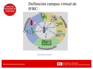 http://www.campuscruzroja.org/
Curso de
Formación en
e-learning
Foto tomada de internet
Curso de
Formación en
e-learning
Definición campus virtual de
IFRC.
 