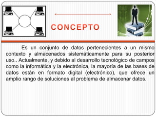 Es un conjunto de datos pertenecientes a un mismo
contexto y almacenados sistemáticamente para su posterior
uso.. Actualmente, y debido al desarrollo tecnológico de campos
como la informática y la electrónica, la mayoría de las bases de
datos están en formato digital (electrónico), que ofrece un
amplio rango de soluciones al problema de almacenar datos.
 