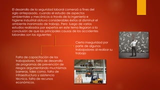 El desarrollo de la seguridad laboral comenzó a fines del 
siglo antepasado, cuando el estudio de aspectos 
ambientales y mecánicos a través de la ingeniería e 
higiene industrial obtuvo considerables éxitos al disminuir el 
ambiente inanimado de trabajo. Pero luego de varios 
estudios realizados por expertos en este tema llegaron a la 
conclusión de que las principales causas de los accidentes 
laborales son las siguientes: 
Cierta inseguridad por 
parte de algunos 
trabajadores al realizar su 
trabajo 
Falta de capacitación de los 
trabajadores, falta de desarrollo 
de programas de prevención de 
riesgos argumentando muchísimas 
barreras, tales como, falta de 
infraestructura y asistencia 
técnica, falta de recursos 
económicos. 
 