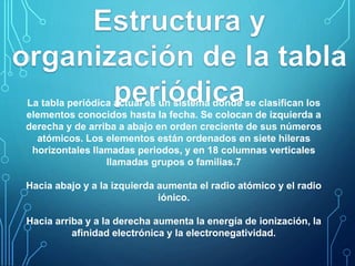 La tabla periódica actual es un sistema donde se clasifican los 
elementos conocidos hasta la fecha. Se colocan de izquierda a 
derecha y de arriba a abajo en orden creciente de sus números 
atómicos. Los elementos están ordenados en siete hileras 
horizontales llamadas periodos, y en 18 columnas verticales 
llamadas grupos o familias.7 
Hacia abajo y a la izquierda aumenta el radio atómico y el radio 
iónico. 
Hacia arriba y a la derecha aumenta la energía de ionización, la 
afinidad electrónica y la electronegatividad. 
 