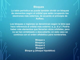 Bloques 
La tabla periódica se puede también dividir en bloques 
de elementos según el orbital que estén ocupando los 
electrones más externos, de acuerdo al principio de 
Aufbau. 
Los bloques o regiones se denominan según la letra que 
hace referencia al orbital más externo: s, p, d y f. Podría 
haber más elementos que llenarían otros orbitales, pero 
no se han sintetizado o descubierto; en este caso se 
continúa con el orden alfabético para nombrarlos. 
Bloque s 
Bloque p 
Bloque d 
Bloque f 
Bloque g (bloque hipotético) 
 