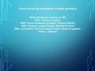 Otras formas de representar la tabla periódica 
Varias formas (en espiral, en 3D) 
1951. Forma en espiral, 
1960. Forma en espiral, profesor Theodor Benfey 
1995. Forma en espiral-fractal, Melinda E Green 
2004, noviembre. Forma en espiral sobre dibujo de galaxia, 
Philip J. Stewart 
 