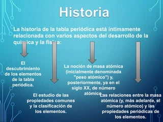 La historia de la tabla periódica está íntimamente 
relacionada con varios aspectos del desarrollo de la 
química y la física: 
El 
descubrimiento 
de los elementos 
de la tabla 
periódica. 
La noción de masa atómica 
(inicialmente denominada 
El estudio de las 
propiedades comunes 
y la clasificación de 
los elementos. 
"peso atómico") y, 
posteriormente, ya en el 
siglo XX, de número 
atómicoL.as relaciones entre la masa 
atómica (y, más adelante, el 
número atómico) y las 
propiedades periódicas de 
los elementos. 
 