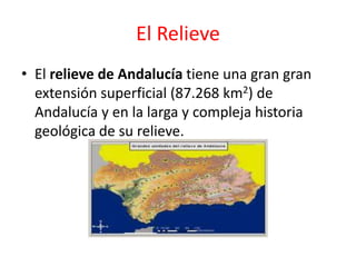 El Relieve
• El relieve de Andalucía tiene una gran gran
  extensión superficial (87.268 km2) de
  Andalucía y en la larga y compleja historia
  geológica de su relieve.
 