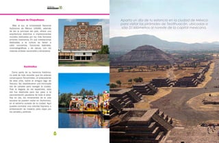 104 105
ESTILO DE VIDA
AUTOS
Bosque de Chapultepec
Más al sur, la Universidad Nacional
Autónoma de México (UNAM), además
de ser la principal del país, ofrece una
arquitectura distintiva e impresionantes
murales realizados por los más famosos
pintores mexicanos. En sus instalaciones
dedicadas a la cultura se llevan a
cabo conciertos, funciones teatrales,
cinematográficas y de danza, con los
mejores artistas nacionales y extranjeros.
Xochimilco
Como parte de su herencia histórica,
no está de más recordar que los aztecas
construyeron Tenochtitlan, el antecedente
de esta urbe, sobre el antiguo lago de
Texcoco. Así, establecieron una intrincada
red de canales para navegar la ciudad.
Tras la llegada de los españoles, esta
red fue destruida para dar paso a la
pavimentación paulatina de toda el área.
Hoy en día, los remanentes de la vida
lacustre se pueden visitar en Xochimilco,
en el extremo sureste de la ciudad. Aquí
puedes contratar una colorida trajinera, o
embarcación de madera, para viajar por
los canales y jardines.
Aparta un día de tu estancia en la ciudad de México
para visitar las pirámides de Teotihuacán, ubicadas a
sólo 51 kilómetros al noreste de la capital mexicana.
 