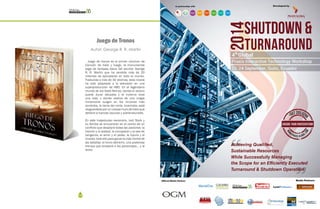 116 117
Autor: George R. R. Martin
Juego de Tronos
Juego de tronos es el primer volumen de
Canción de hielo y fuego, la monumental
saga de fantasía épica del escritor George
R. R. Martin que ha vendido más de 20
millones de ejemplares en todo el mundo.
Traducida a más de 30 idiomas, esta novela
ha sido adaptada a la televisión en una
superproducción de HBO. En el legendario
mundo de los Siete Reinos, donde el verano
puede durar décadas y el invierno toda
una vida, y donde rastros de una magia
inmemorial surgen en los rincones más
sombríos, la tierra del norte, Invernalia, está
resguardadaporuncolosalmurodehieloque
detiene a fuerzas oscuras y sobrenaturales.
En este majestuoso escenario, lord Stark y
su familia se encuentran en el centro de un
conflicto que desatará todas las pasiones: la
traición y la lealtad, la compasión y la sed de
venganza, el amor y el poder, la lujuria y el
incesto, todo ello para ganar la más mortal de
las batallas: el trono dehierro, una poderosa
trampa que atrapará a los personajes... y al
lector.
 