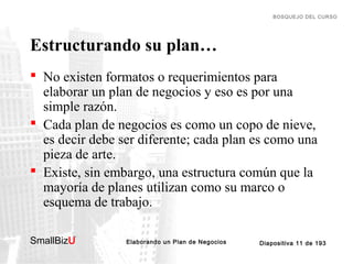 BOSQUEJO DEL CURSO

Estructurando su plan…
 No existen formatos o requerimientos para
elaborar un plan de negocios y eso es por una
simple razón.
 Cada plan de negocios es como un copo de nieve,
es decir debe ser diferente; cada plan es como una
pieza de arte.
 Existe, sin embargo, una estructura común que la
mayoría de planes utilizan como su marco o
esquema de trabajo.
SmallBizU

™

Elaborando un Plan de Negocios

Diapositiva 11 de 193

 