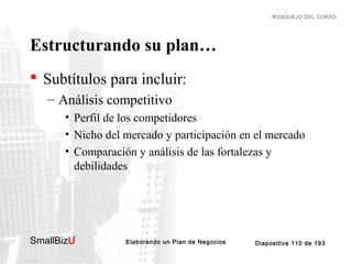 BOSQUEJO DEL CURSO

Estructurando su plan…
 Subtítulos para incluir:
– Análisis competitivo
• Perfil de los competidores
• Nicho del mercado y participación en el mercado
• Comparación y análisis de las fortalezas y
debilidades

SmallBizU

™

Elaborando un Plan de Negocios

Diapositiva 110 de 193

 