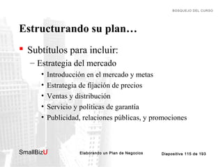 BOSQUEJO DEL CURSO

Estructurando su plan…
 Subtítulos para incluir:
– Estrategia del mercado
•
•
•
•
•

Introducción en el mercado y metas
Estrategia de fijación de precios
Ventas y distribución
Servicio y políticas de garantía
Publicidad, relaciones públicas, y promociones

SmallBizU

™

Elaborando un Plan de Negocios

Diapositiva 115 de 193

 