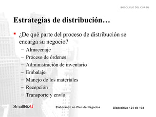 BOSQUEJO DEL CURSO

Estrategias de distribución…
 ¿De qué parte del proceso de distribución se
encarga su negocio?
–
–
–
–
–
–
–

Almacenaje
Proceso de órdenes
Administración de inventario
Embalaje
Manejo de los materiales
Recepción
Transporte y envío

SmallBizU

™

Elaborando un Plan de Negocios

Diapositiva 124 de 193

 