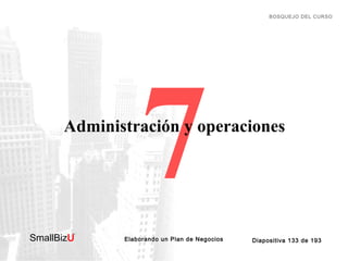 BOSQUEJO DEL CURSO

7

Administración y operaciones

SmallBizU

™

Elaborando un Plan de Negocios

Diapositiva 133 de 193

 