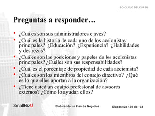 BOSQUEJO DEL CURSO

Preguntas a responder…
 ¿Cuáles son sus administradores claves?
 ¿Cuál es la historia de cada uno de los accionistas
principales? ¿Educación? ¿Experiencia? ¿Habilidades
y destrezas?
 ¿Cuáles son las posiciones y papeles de los accionistas
principales? ¿Cuáles son sus responsabilidades?
 ¿Cuál es el porcentaje de propiedad de cada accionista?
 ¿Cuáles son los miembros del consejo directivo? ¿Qué
es lo que ellos aportan a la organización?
 ¿Tiene usted un equipo profesional de asesores
externos? ¿Cómo lo ayudan ellos?
SmallBizU

™

Elaborando un Plan de Negocios

Diapositiva 136 de 193

 