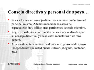 BOSQUEJO DEL CURSO

Consejo directivo y personal de apoyo…
 Si va a formar un consejo directivo, enumere quién formará
parte del mismo. Además mencione las áreas de
especialización y afiliaciones pertinentes de cada miembro.
 Registre cualquier contribución de acciones realizadas por
su consejo directivo, ya sean éstas monetarias o de otro
género.
 Adicionalmente, enumere cualquier otro personal de apoyo
independiente que usted pueda utilizar (abogado, contador,
etc.)

SmallBizU

™

Elaborando un Plan de Negocios

Diapositiva 138 de 193

 