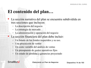 BOSQUEJO DEL CURSO

El contenido del plan…
 La sección narrativa del plan se encuentra subdividida en
tres secciones que incluyen:
– La descripción del negocio
– La estrategia de mercado
– La administración y operación del negocio

 La sección financiera del plan debe incluir:
–
–
–
–
–

Un listado de los fondos requeridos y su uso.
Una proyección de ventas
Un costo variable del análisis de ventas
Un presupuesto de gastos operativos fijos
Un estado de pérdidas y ganancias proyectado

SmallBizU

™

Elaborando un Plan de Negocios

Diapositiva 14 de 193

 