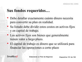 BOSQUEJO DEL CURSO

Sus fondos requeridos…
 Debe detallar exactamente cuánto dinero necesita
para convertir su plan en realidad.
 Su listado debe dividir estos costos en activos fijos
y en capital de trabajo.
 Los activos fijos son bienes que generalmente
tienen valor a largo plazo.
 El capital de trabajo es dinero que se utilizará para
financiar las operaciones a corto plazo
SmallBizU

™

Elaborando un Plan de Negocios

Diapositiva 151 de 193

 
